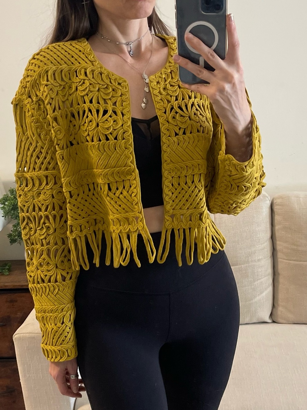 Zara Mustard Yellow Open Knit Crochet Fringe Cropped Cardigan Jacket Size S 100%
